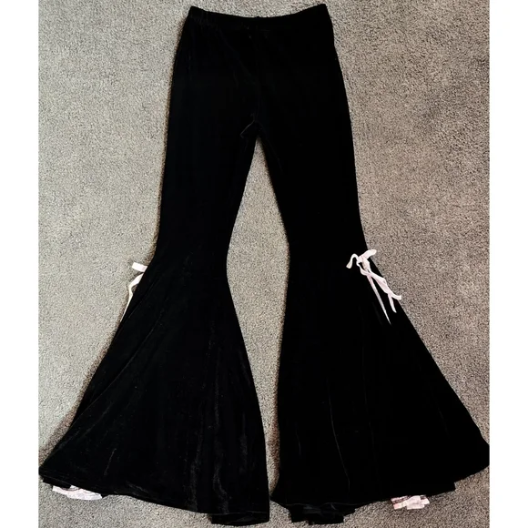 Dolls Kill Sugar Thrillz Velvet Bell Bottoms Flare Black Pink Lace Bow Goth - Picture 2 of 5